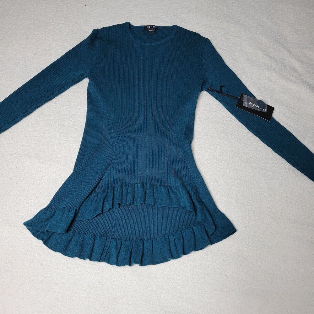 Worth New York Sweater Womens Sz P Lightweight Teal Green Silk Blend Academia - Picture 3 of 16